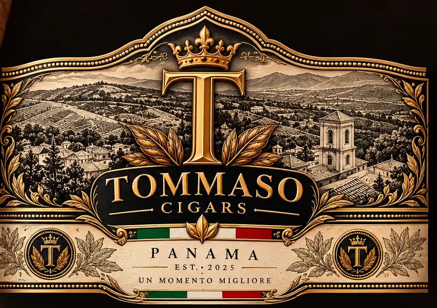 Tommaso Cigars box label with Italian hill village engraving